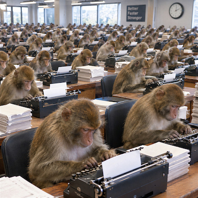 An infinite number of monkeys typing randomly for an infinite amount of time will eventually produce any given text.